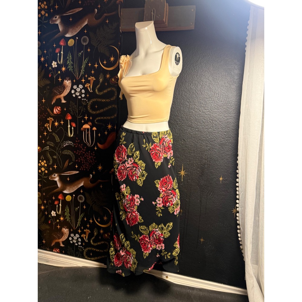 Floral Rose Print Maxi Skirt Black Red Pink Chiffon Size 14
